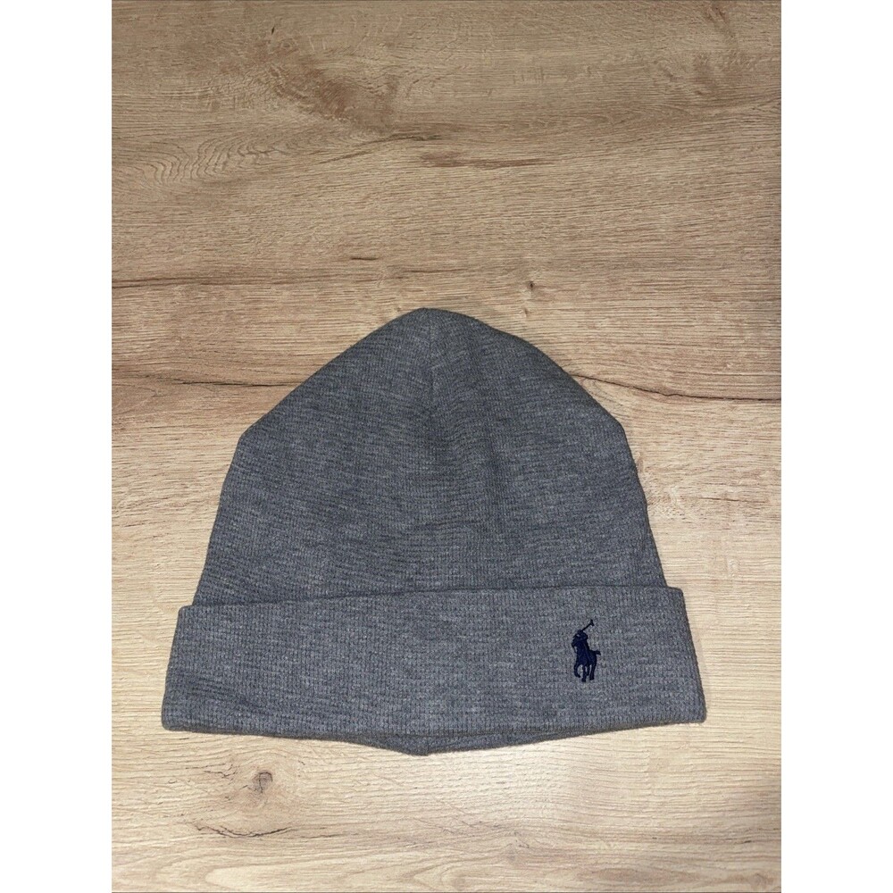 Polo Ralph Lauren Beanie Hat Gray Waffle Knit Pony Logo One Size 100% Cotton